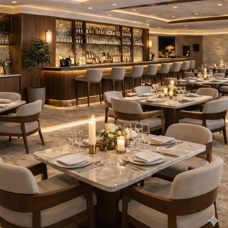 Restaurant dining area serving Ghanaian and international dishes